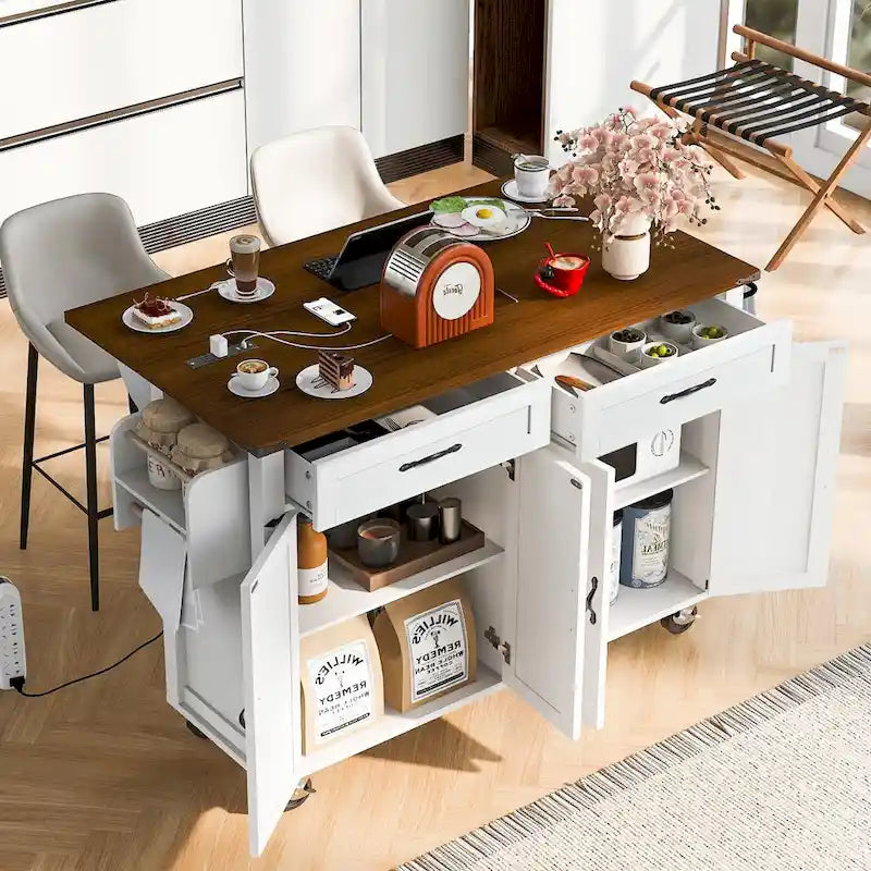 53.5" Farmhouse Kitchen Island with Drop Leaf, Drawer & Power Outlet – Black/White, 1-Person Use