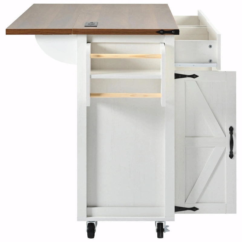 53.5" Farmhouse Kitchen Island with Drop Leaf, Drawer & Power Outlet – Black/White, 1-Person Use