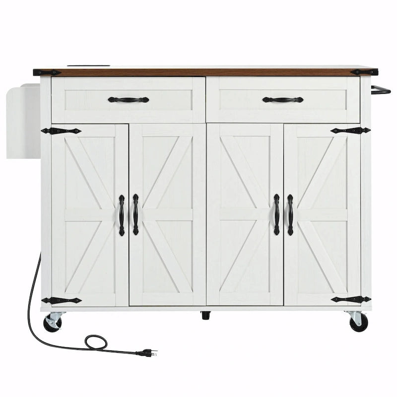 53.5" Farmhouse Kitchen Island with Drop Leaf, Drawer & Power Outlet – Black/White, 1-Person Use