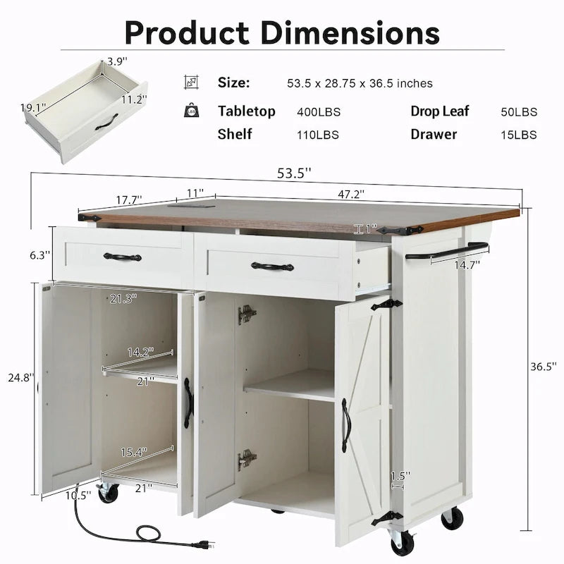 53.5" Farmhouse Kitchen Island with Drop Leaf, Drawer & Power Outlet – Black/White, 1-Person Use