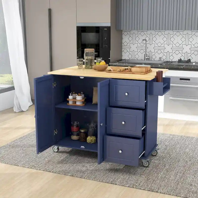 White / Blue / Blue Grey / Black Rolling Kitchen Island with Drop Leaf, Locking Wheels & Storage Cabinet