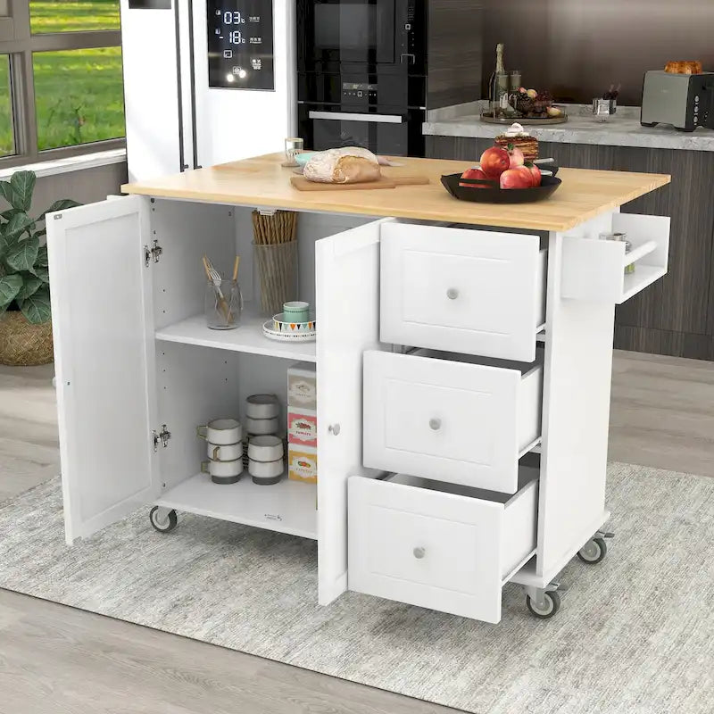 White / Blue / Blue Grey / Black Rolling Kitchen Island with Drop Leaf, Locking Wheels & Storage Cabinet