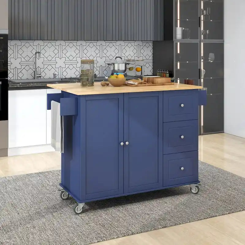 White / Blue / Blue Grey / Black Rolling Kitchen Island with Drop Leaf, Locking Wheels & Storage Cabinet
