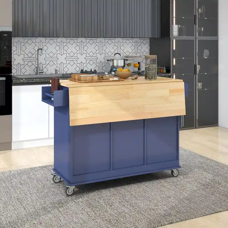White / Blue / Blue Grey / Black Rolling Kitchen Island with Drop Leaf, Locking Wheels & Storage Cabinet