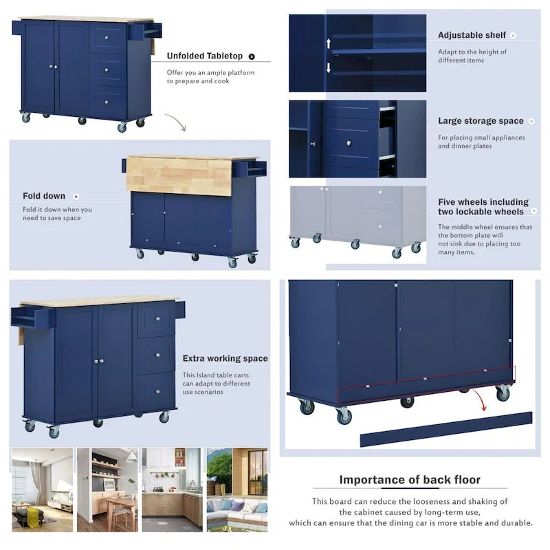 White / Blue / Blue Grey / Black Rolling Kitchen Island with Drop Leaf, Locking Wheels & Storage Cabinet