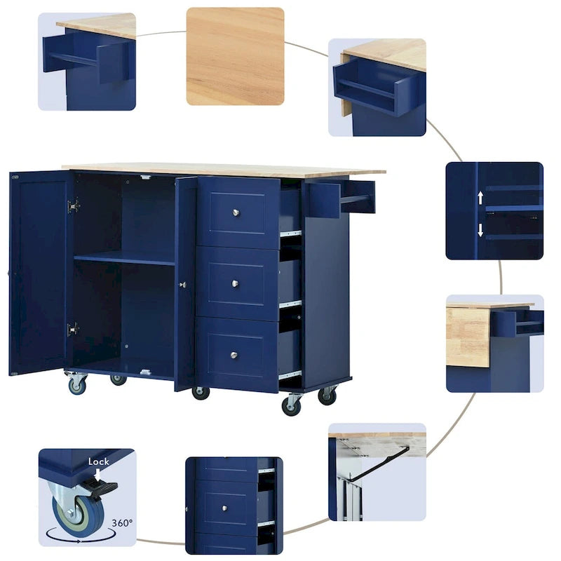 White / Blue / Blue Grey / Black Rolling Kitchen Island with Drop Leaf, Locking Wheels & Storage Cabinet
