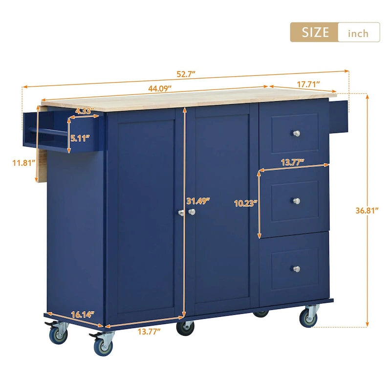 White / Blue / Blue Grey / Black Rolling Kitchen Island with Drop Leaf, Locking Wheels & Storage Cabinet