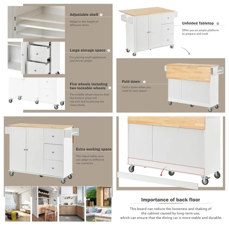 White / Blue / Blue Grey / Black Rolling Kitchen Island with Drop Leaf, Locking Wheels & Storage Cabinet