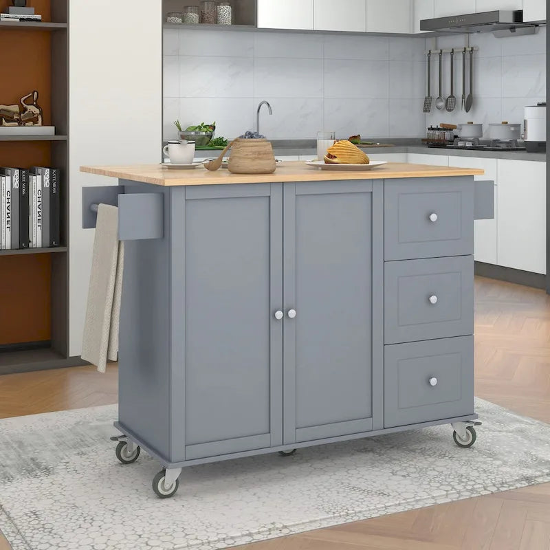 White / Blue / Blue Grey / Black Rolling Kitchen Island with Drop Leaf, Locking Wheels & Storage Cabinet