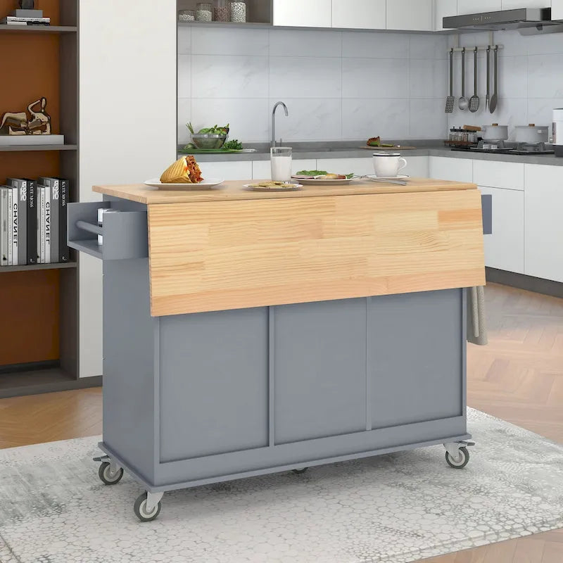 White / Blue / Blue Grey / Black Rolling Kitchen Island with Drop Leaf, Locking Wheels & Storage Cabinet