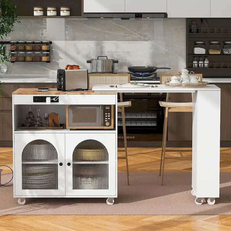 Grey-blue / White / Navy Blue Rolling Kitchen Island with Extended Table & Power Outlets, 1-Person