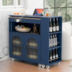 Grey-blue / White / Navy Blue Rolling Kitchen Island with Extended Table & Power Outlets, 1-Person