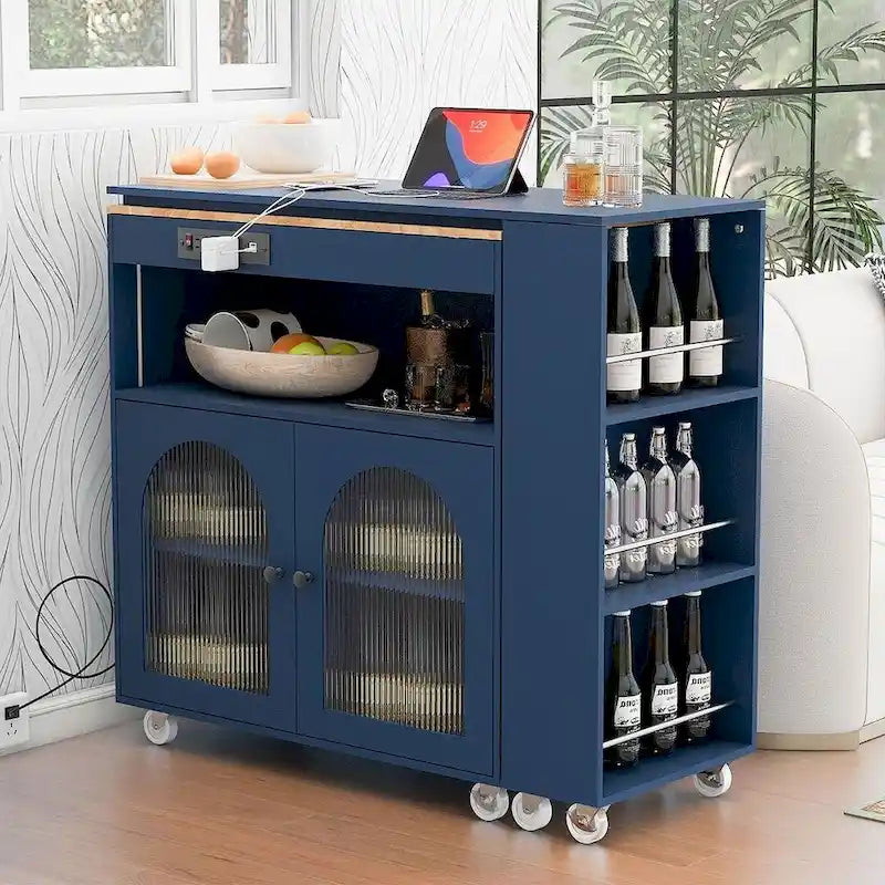Grey-blue / White / Navy Blue Rolling Kitchen Island with Extended Table & Power Outlets, 1-Person