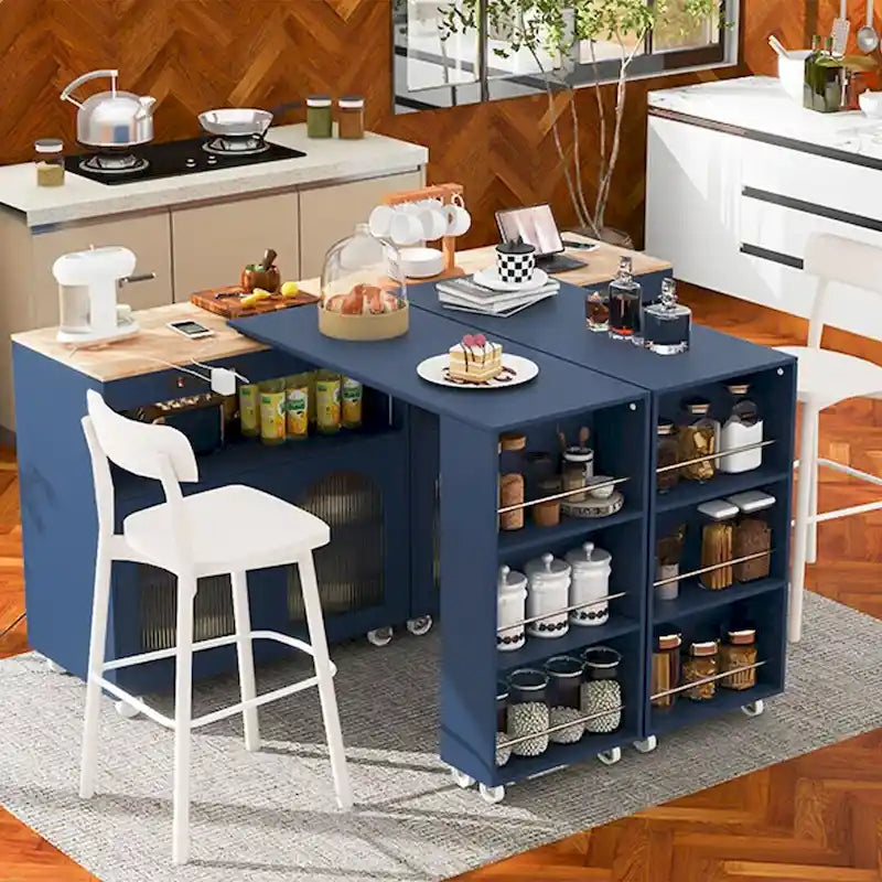 Grey-blue / White / Navy Blue Rolling Kitchen Island with Extended Table & Power Outlets, 1-Person