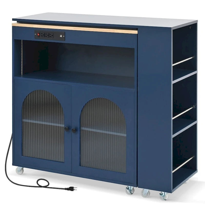 Grey-blue / White / Navy Blue Rolling Kitchen Island with Extended Table & Power Outlets, 1-Person