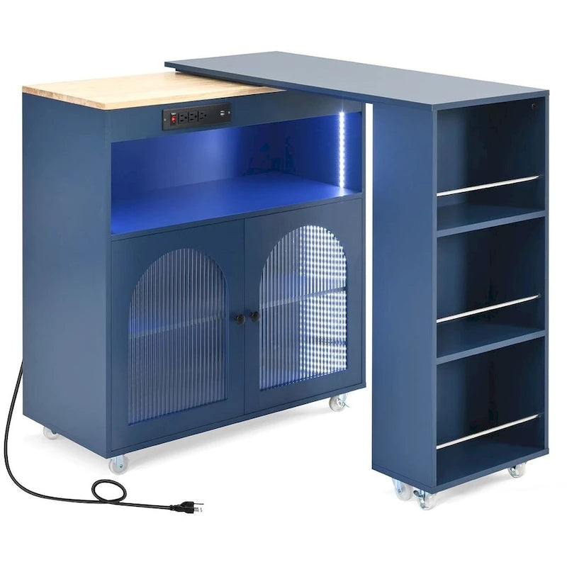 Grey-blue / White / Navy Blue Rolling Kitchen Island with Extended Table & Power Outlets, 1-Person