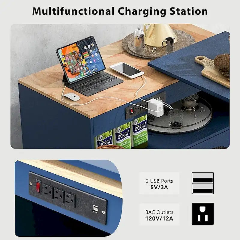 Grey-blue / White / Navy Blue Rolling Kitchen Island with Extended Table & Power Outlets, 1-Person