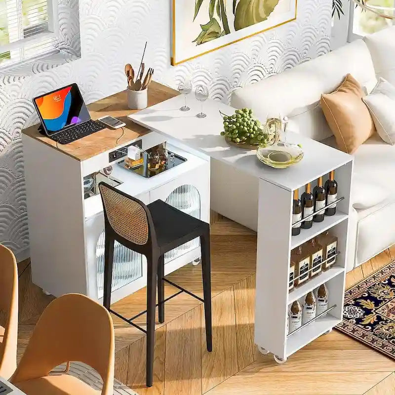 Grey-blue / White / Navy Blue Rolling Kitchen Island with Extended Table & Power Outlets, 1-Person