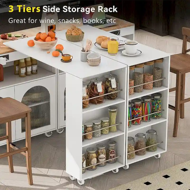 Grey-blue / White / Navy Blue Rolling Kitchen Island with Extended Table & Power Outlets, 1-Person