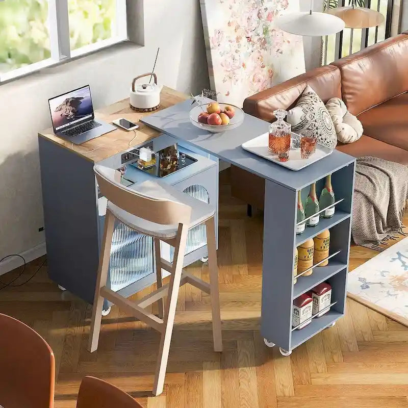 Grey-blue / White / Navy Blue Rolling Kitchen Island with Extended Table & Power Outlets, 1-Person