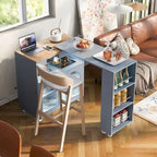 Grey-blue / White / Navy Blue Rolling Kitchen Island with Extended Table & Power Outlets, 1-Person