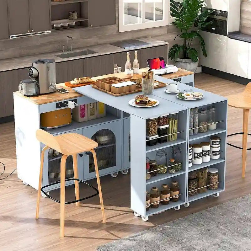Grey-blue / White / Navy Blue Rolling Kitchen Island with Extended Table & Power Outlets, 1-Person