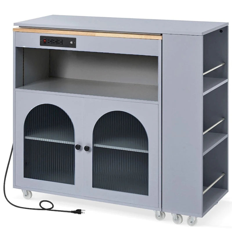 Grey-blue / White / Navy Blue Rolling Kitchen Island with Extended Table & Power Outlets, 1-Person