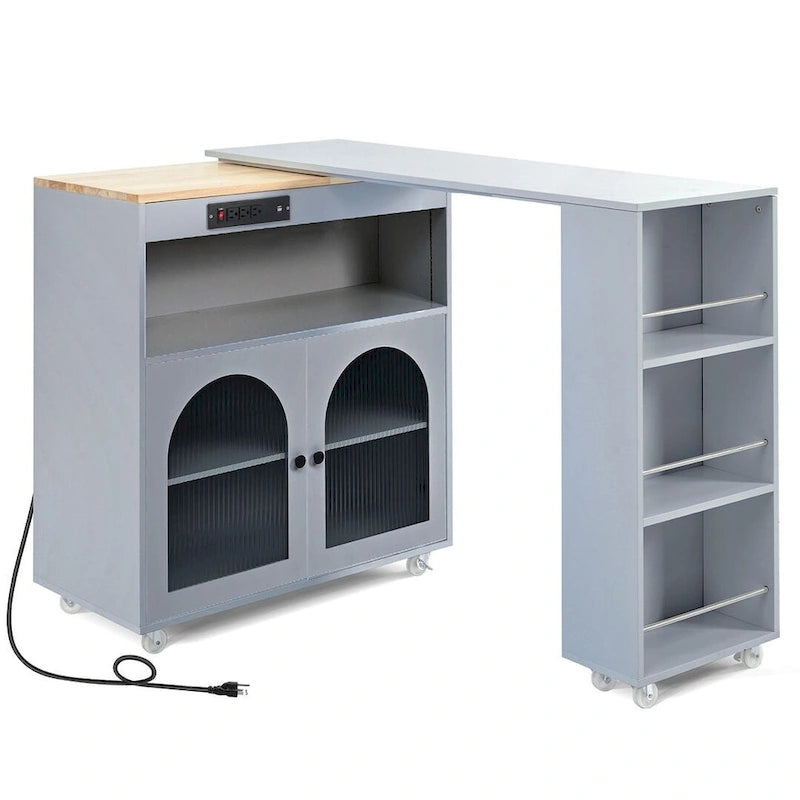 Grey-blue / White / Navy Blue Rolling Kitchen Island with Extended Table & Power Outlets, 1-Person
