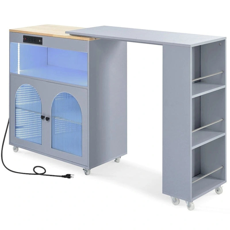 Grey-blue / White / Navy Blue Rolling Kitchen Island with Extended Table & Power Outlets, 1-Person