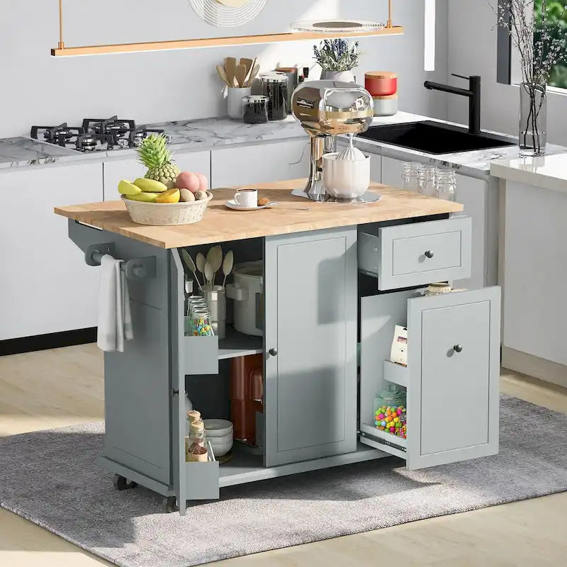 Kitchen Island with Drop-Leaf Countertop & 3-Tier Pull-Out Cabinet on 5 Wheels – Grey Blue / White / Black