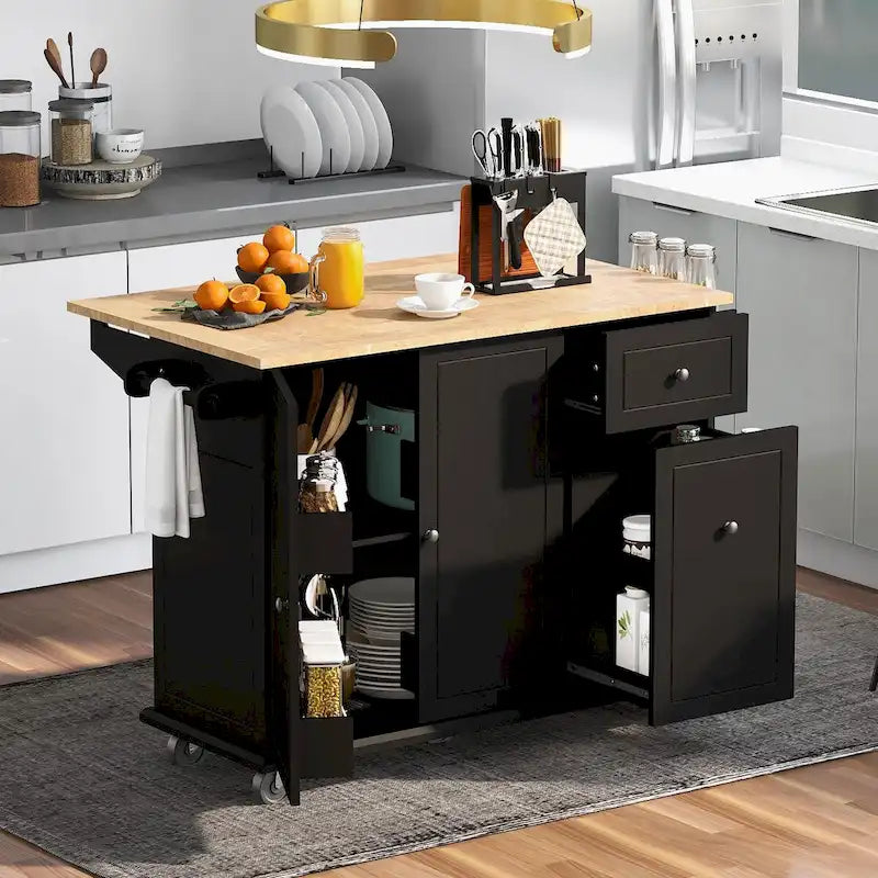 Kitchen Island with Drop-Leaf Countertop & 3-Tier Pull-Out Cabinet on 5 Wheels – Grey Blue / White / Black