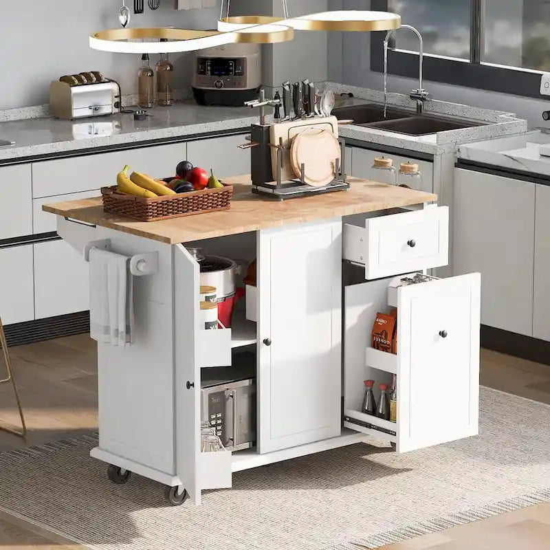 Kitchen Island with Drop-Leaf Countertop & 3-Tier Pull-Out Cabinet on 5 Wheels – Grey Blue / White / Black