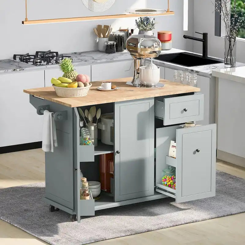 Kitchen Island with Drop-Leaf Countertop & 3-Tier Pull-Out Cabinet on 5 Wheels – Grey Blue / White / Black