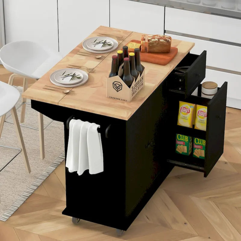 Kitchen Island with Drop-Leaf Countertop & 3-Tier Pull-Out Cabinet on 5 Wheels – Grey Blue / White / Black