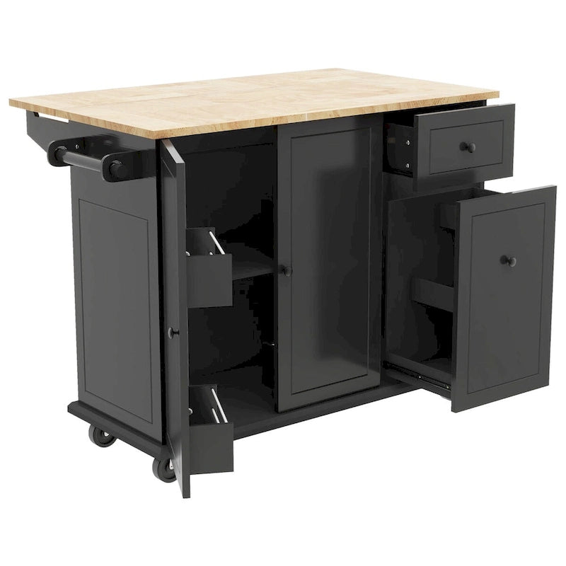 Kitchen Island with Drop-Leaf Countertop & 3-Tier Pull-Out Cabinet on 5 Wheels – Grey Blue / White / Black