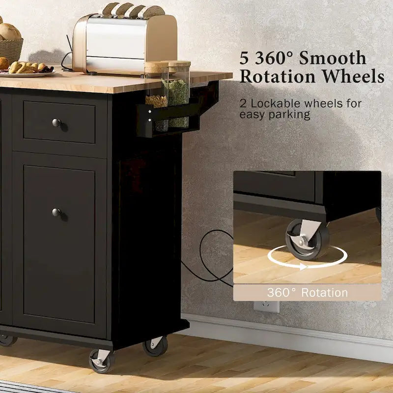 Kitchen Island with Drop-Leaf Countertop & 3-Tier Pull-Out Cabinet on 5 Wheels – Grey Blue / White / Black