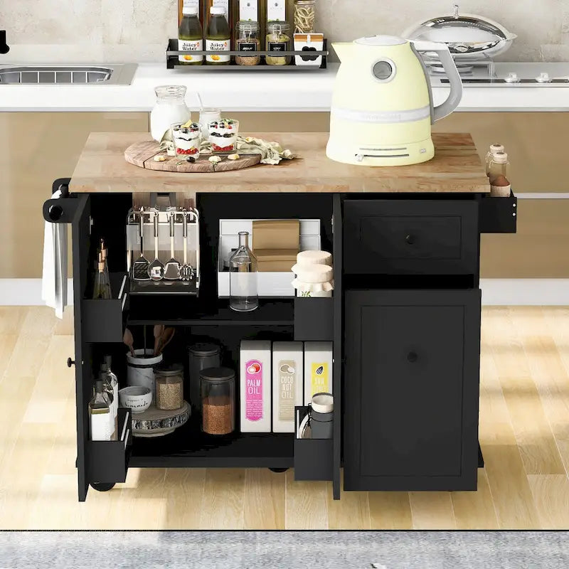 Kitchen Island with Drop-Leaf Countertop & 3-Tier Pull-Out Cabinet on 5 Wheels – Grey Blue / White / Black