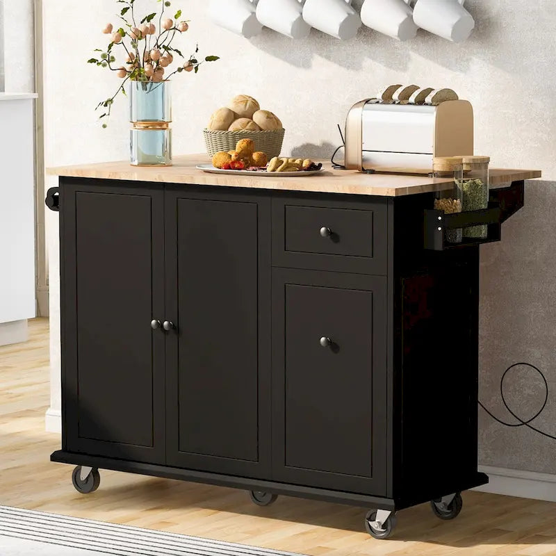 Kitchen Island with Drop-Leaf Countertop & 3-Tier Pull-Out Cabinet on 5 Wheels – Grey Blue / White / Black