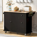 Kitchen Island with Drop-Leaf Countertop & 3-Tier Pull-Out Cabinet on 5 Wheels – Grey Blue / White / Black