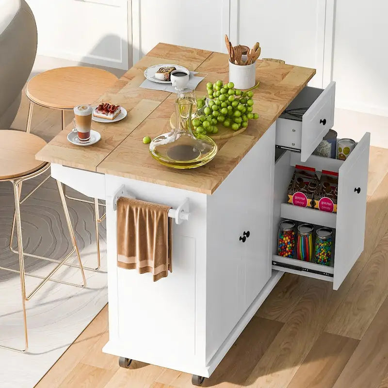 Kitchen Island with Drop-Leaf Countertop & 3-Tier Pull-Out Cabinet on 5 Wheels – Grey Blue / White / Black