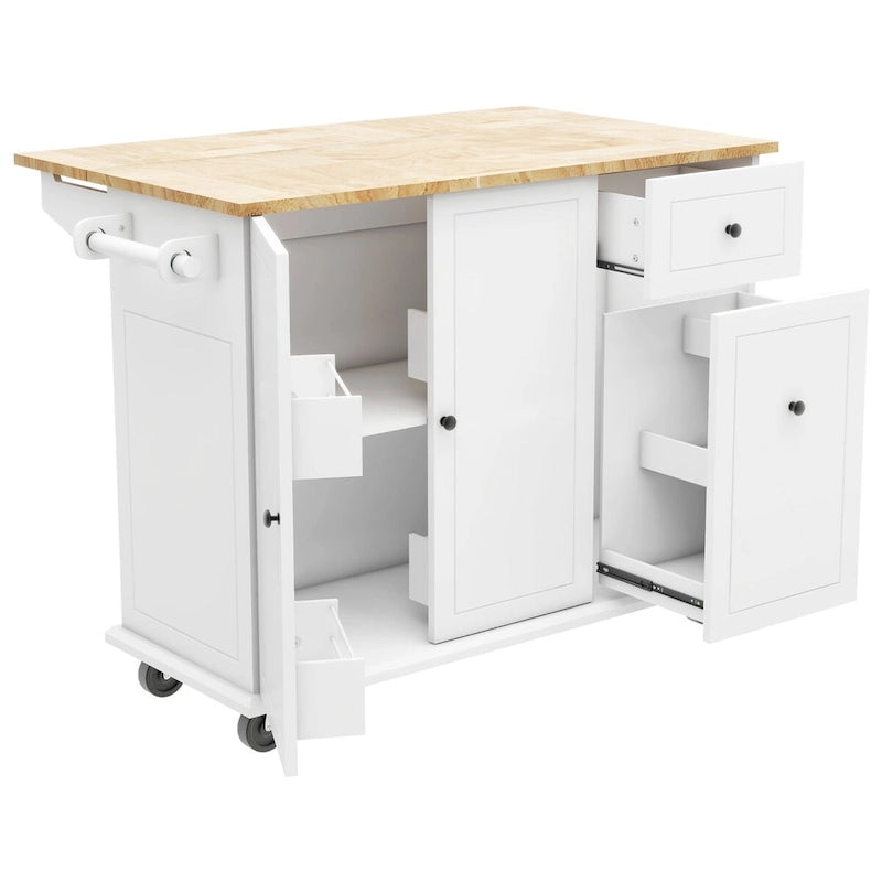 Kitchen Island with Drop-Leaf Countertop & 3-Tier Pull-Out Cabinet on 5 Wheels – Grey Blue / White / Black