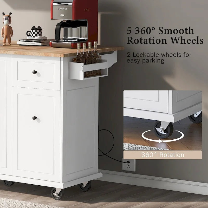 Kitchen Island with Drop-Leaf Countertop & 3-Tier Pull-Out Cabinet on 5 Wheels – Grey Blue / White / Black