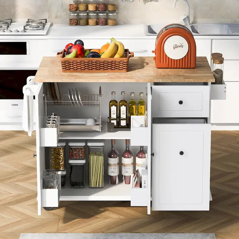 Kitchen Island with Drop-Leaf Countertop & 3-Tier Pull-Out Cabinet on 5 Wheels – Grey Blue / White / Black