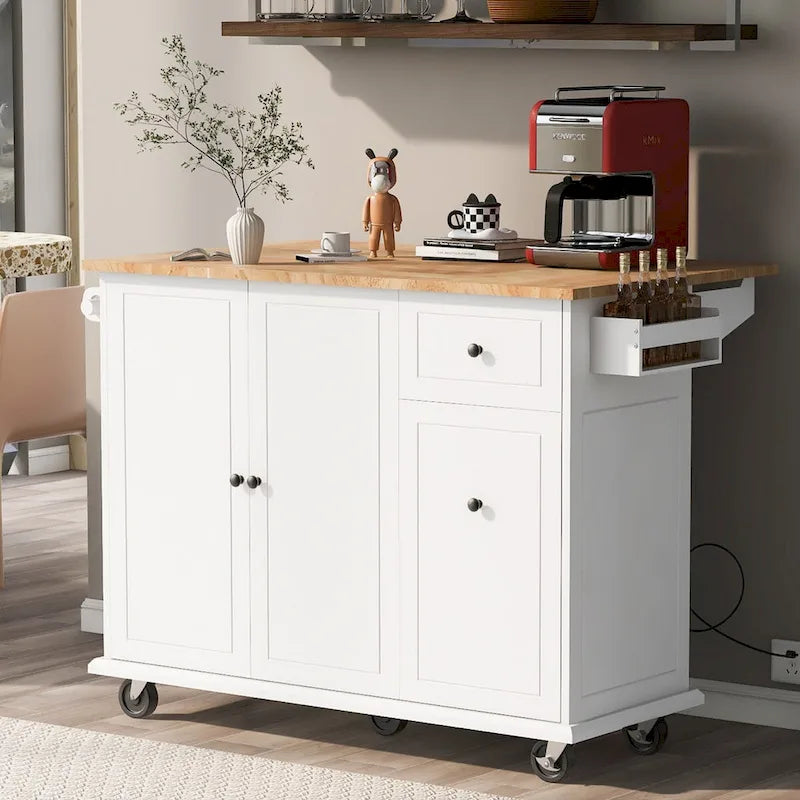 Kitchen Island with Drop-Leaf Countertop & 3-Tier Pull-Out Cabinet on 5 Wheels – Grey Blue / White / Black