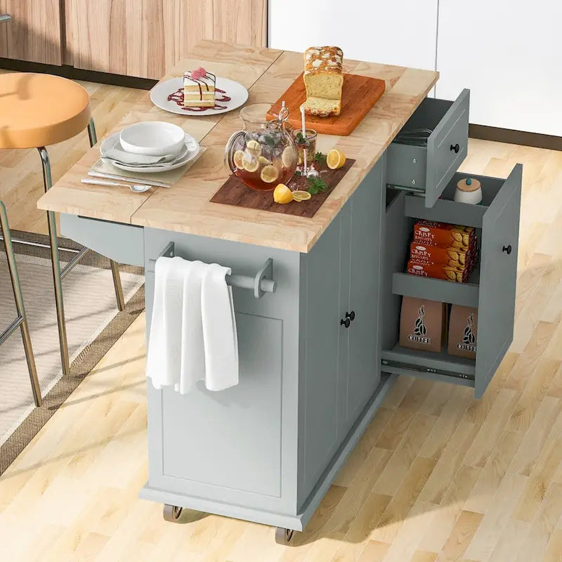 Kitchen Island with Drop-Leaf Countertop & 3-Tier Pull-Out Cabinet on 5 Wheels – Grey Blue / White / Black