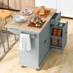 Kitchen Island with Drop-Leaf Countertop & 3-Tier Pull-Out Cabinet on 5 Wheels – Grey Blue / White / Black