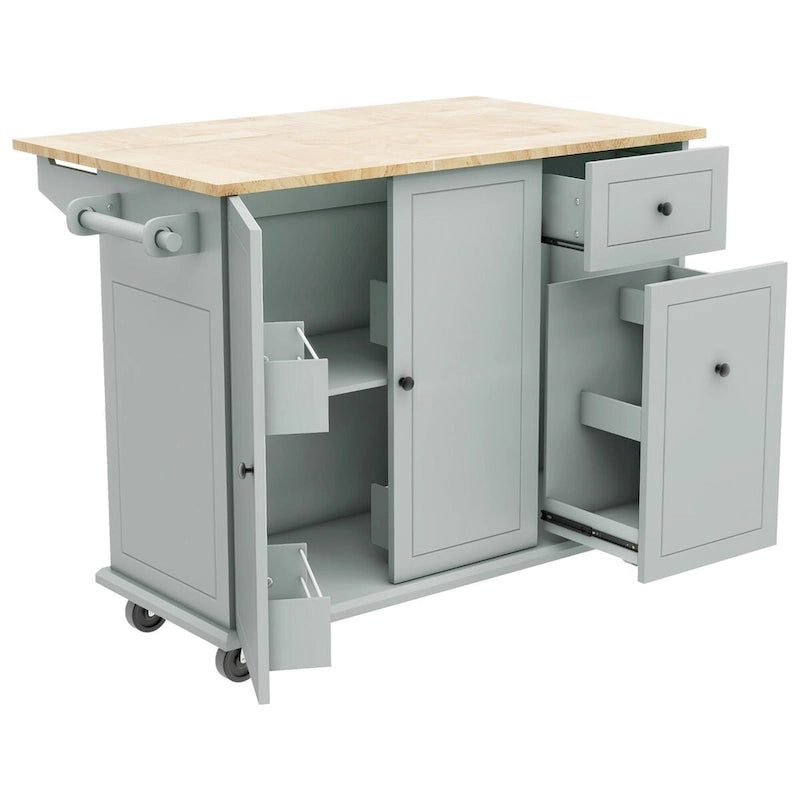 Kitchen Island with Drop-Leaf Countertop & 3-Tier Pull-Out Cabinet on 5 Wheels – Grey Blue / White / Black