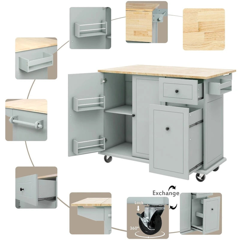 Kitchen Island with Drop-Leaf Countertop & 3-Tier Pull-Out Cabinet on 5 Wheels – Grey Blue / White / Black