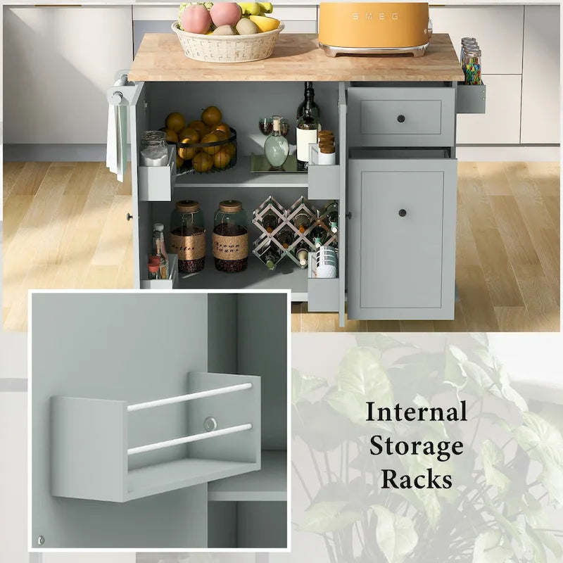 Kitchen Island with Drop-Leaf Countertop & 3-Tier Pull-Out Cabinet on 5 Wheels – Grey Blue / White / Black