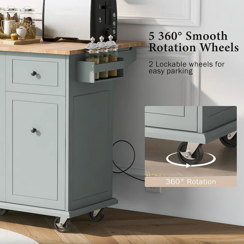 Kitchen Island with Drop-Leaf Countertop & 3-Tier Pull-Out Cabinet on 5 Wheels – Grey Blue / White / Black